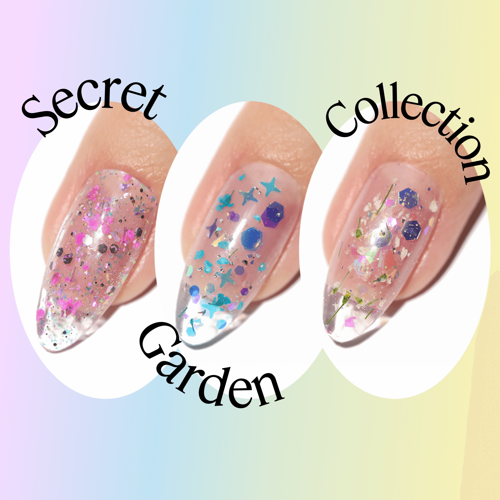 Three nails with colorful, glittery nail polish on pastel background.