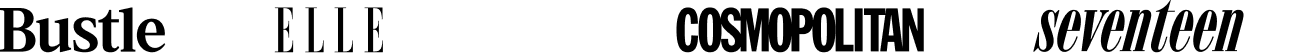 Logos for Bustle, ELLE, Cosmopolitan, and Seventeen magazines shown in a row on a white background.