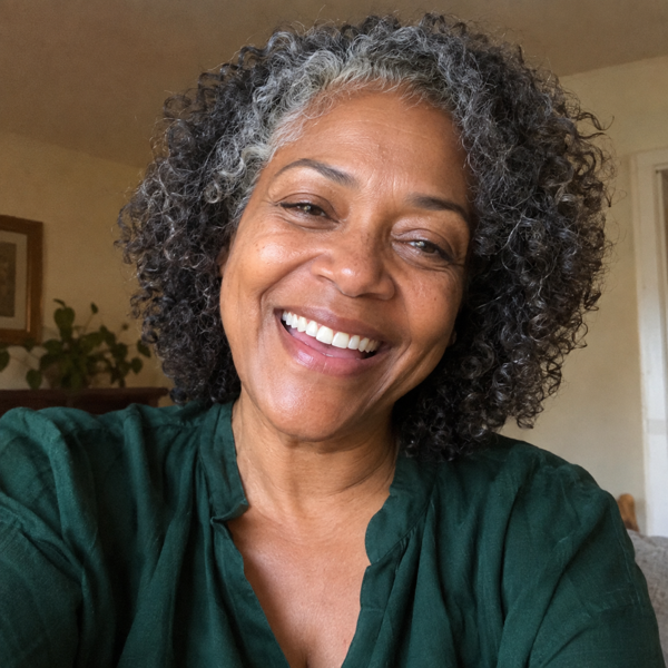 A smiling older woman with curly, graying hair, wearing a dark green shirt.