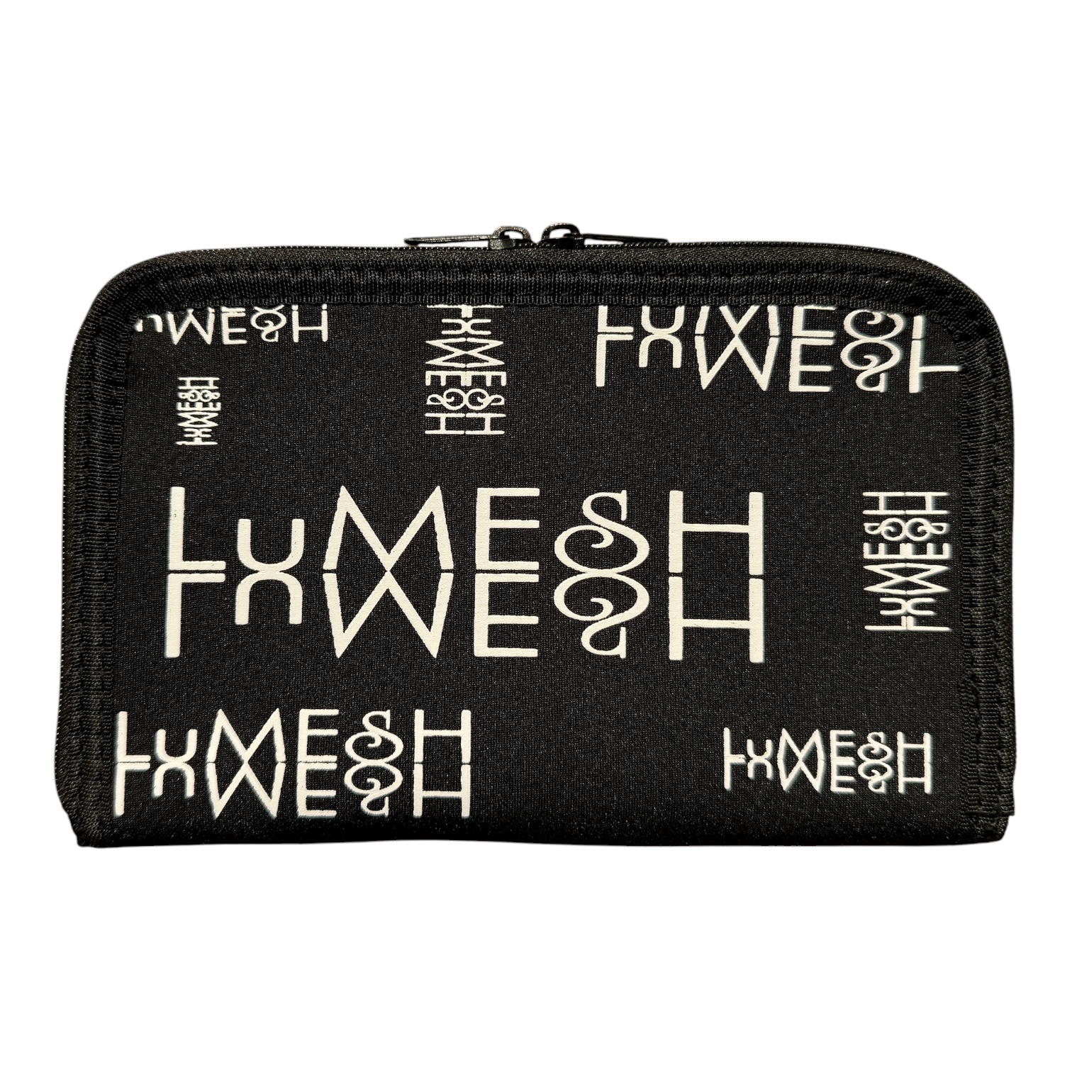 A black zippered pouch with an all-over white 'LUMESH' logo print against a white background.