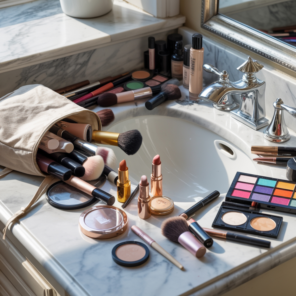 An open makeup bag with various cosmetics and brushes scattered across a marble bathroom counter.