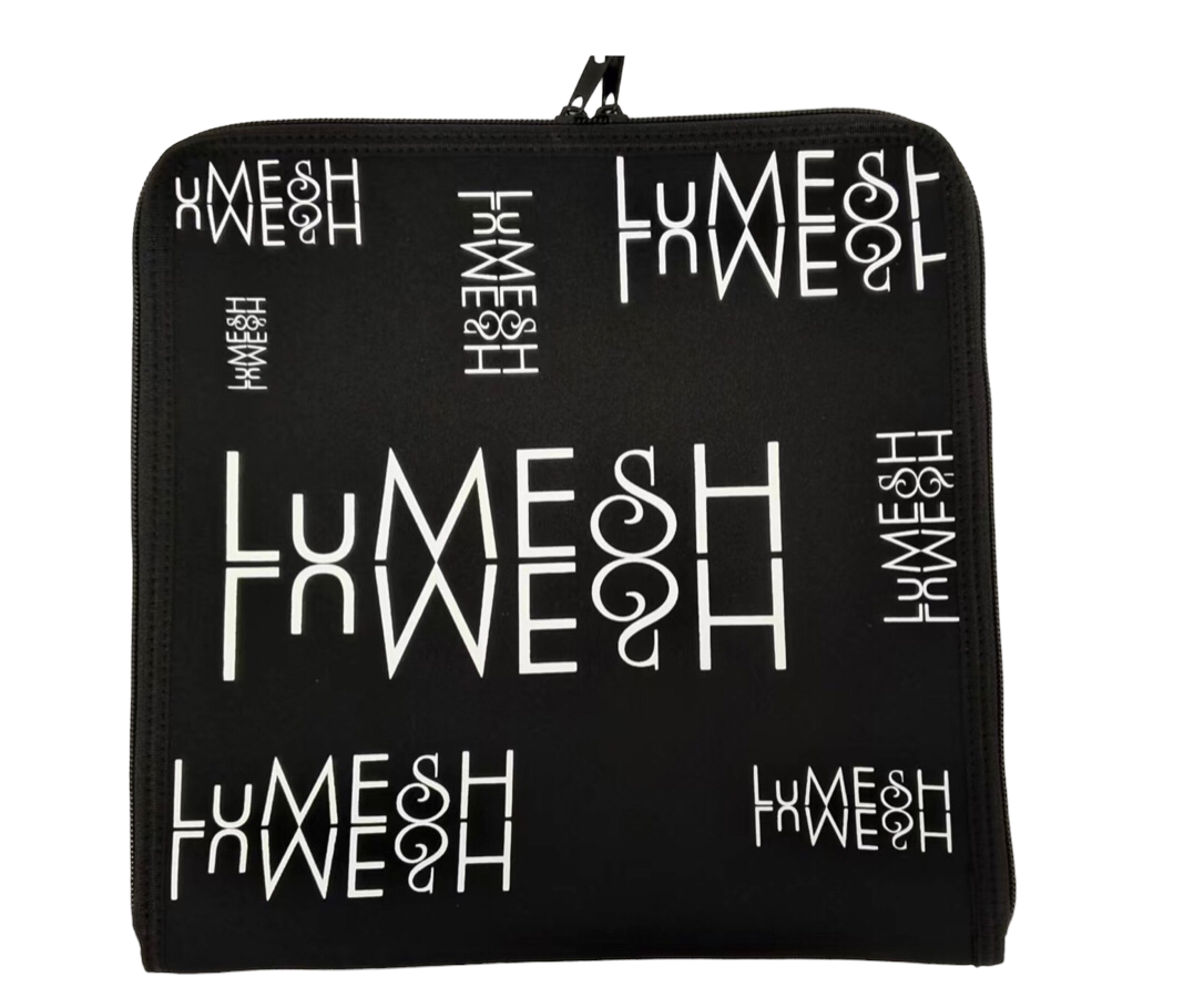 A black square zippered case with a repeating white text pattern of the word 'LUMESH'.