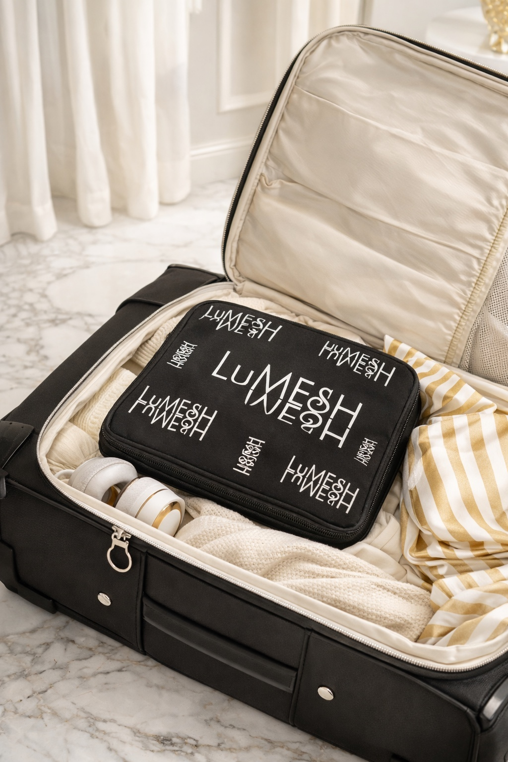 A black packing cube with the Lumesh logo sits inside an open suitcase on a marble floor.