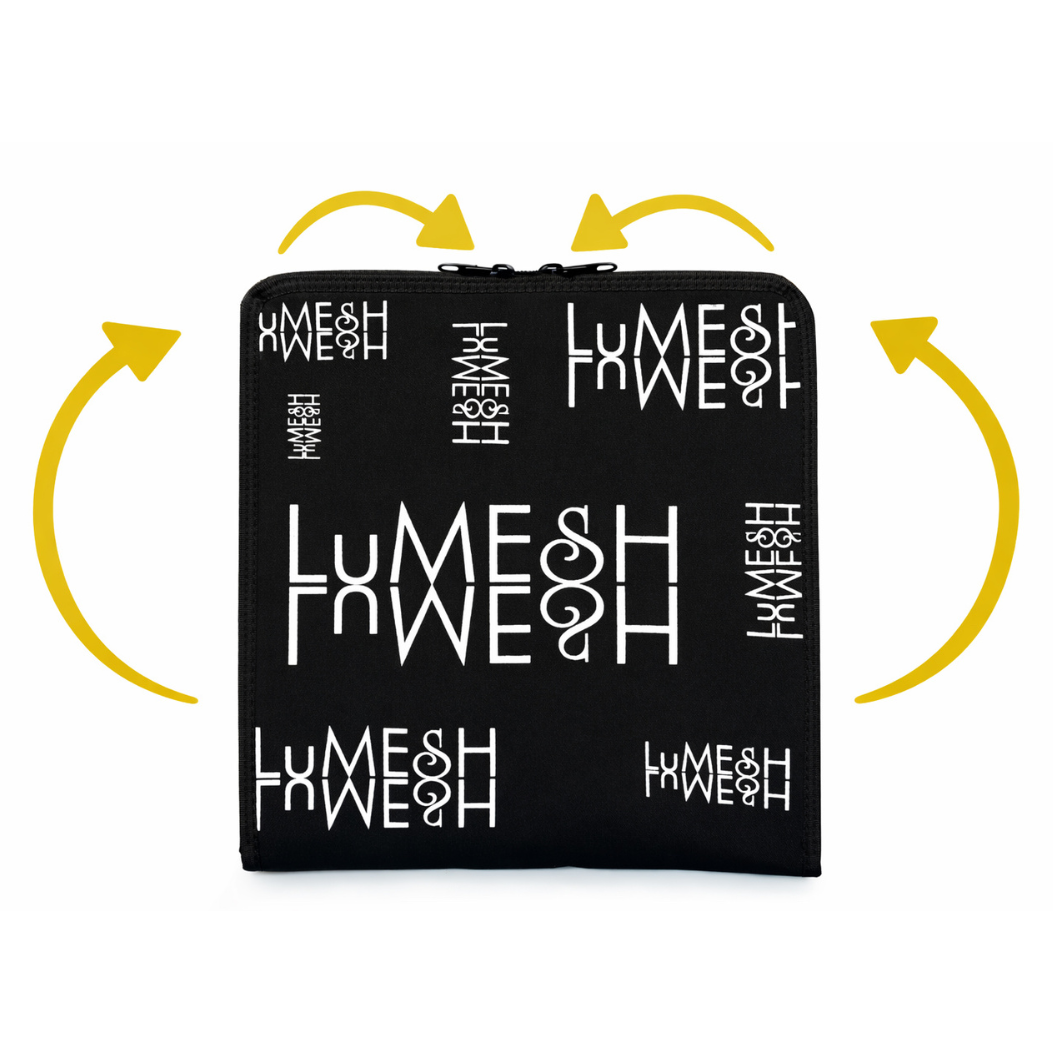 A black zippered binder with a white typographic pattern, surrounded by yellow arrows indicating rotation.