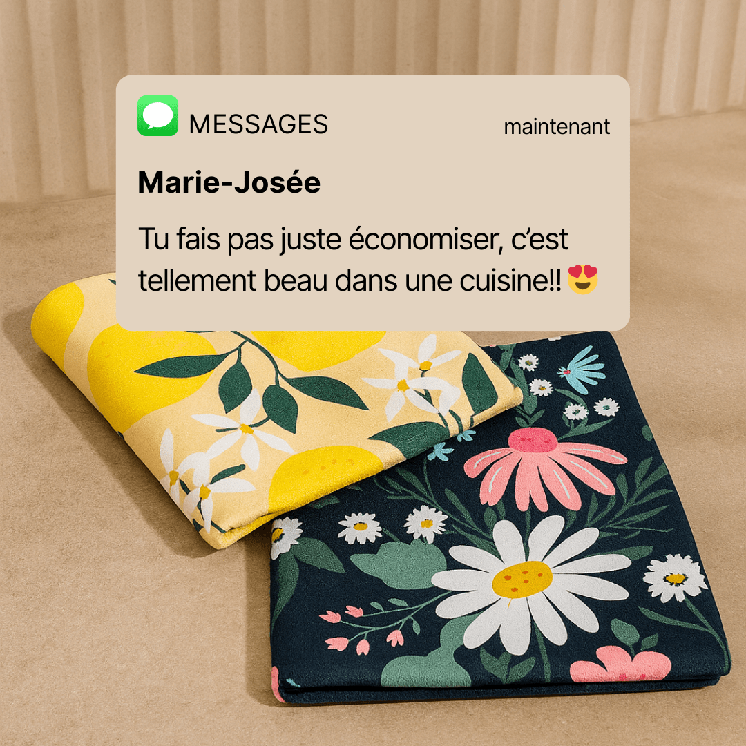 Two floral-patterned cloths with text message overlay in French.