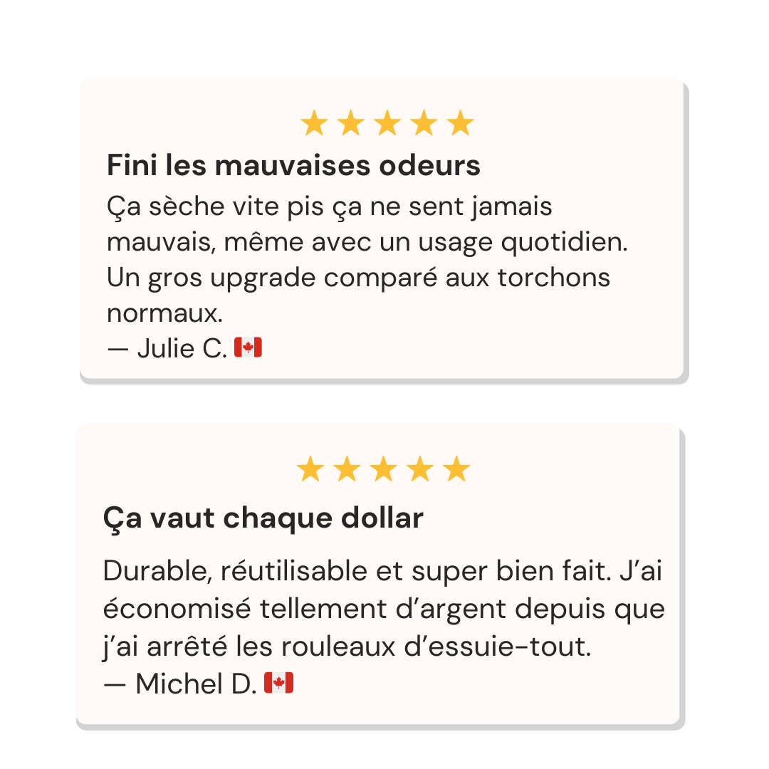 Two customer testimonials with five-star ratings from users in Canada and the United States.