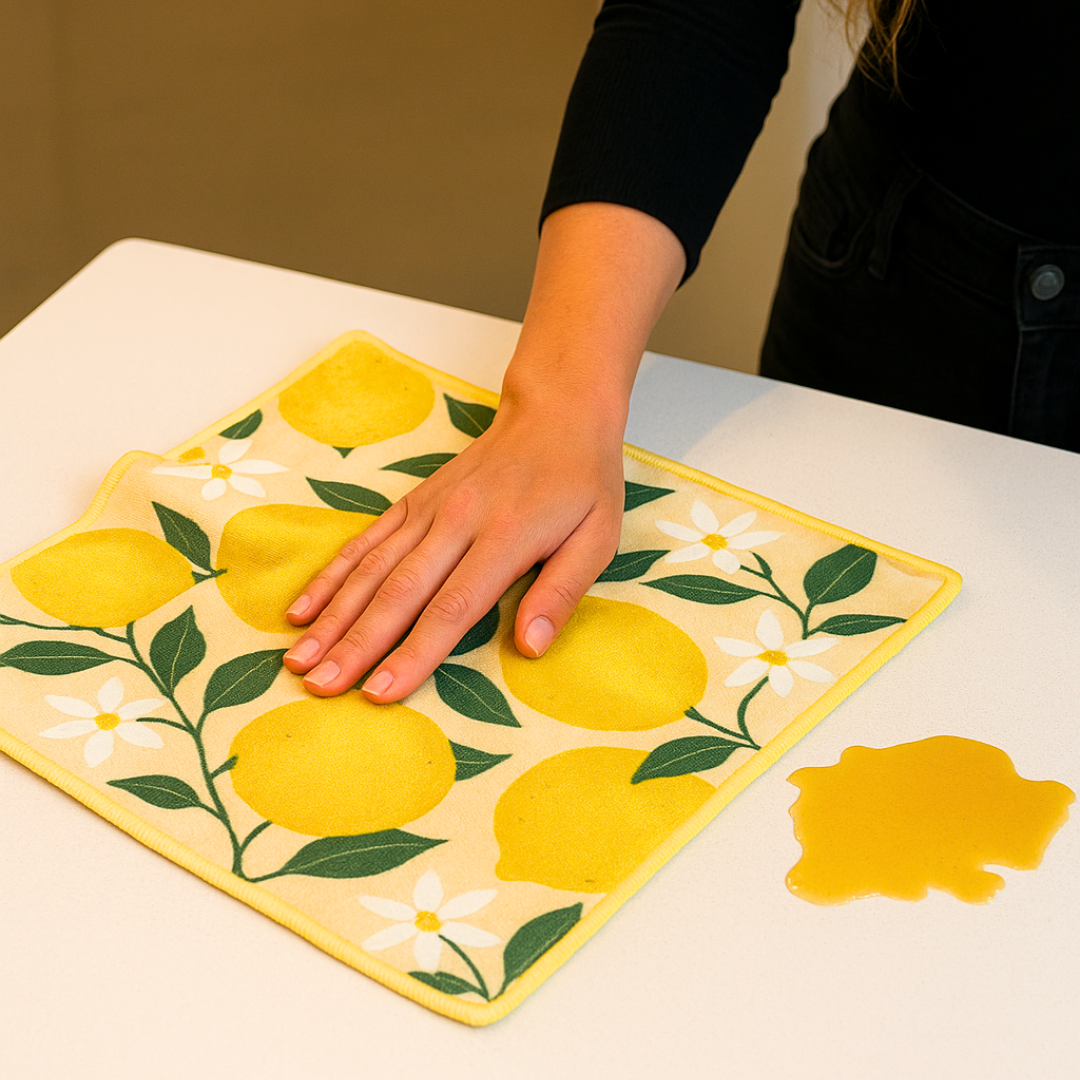 A hand rests on a dishcloth with a lemon and flower pattern next to a spill on a countertop.
