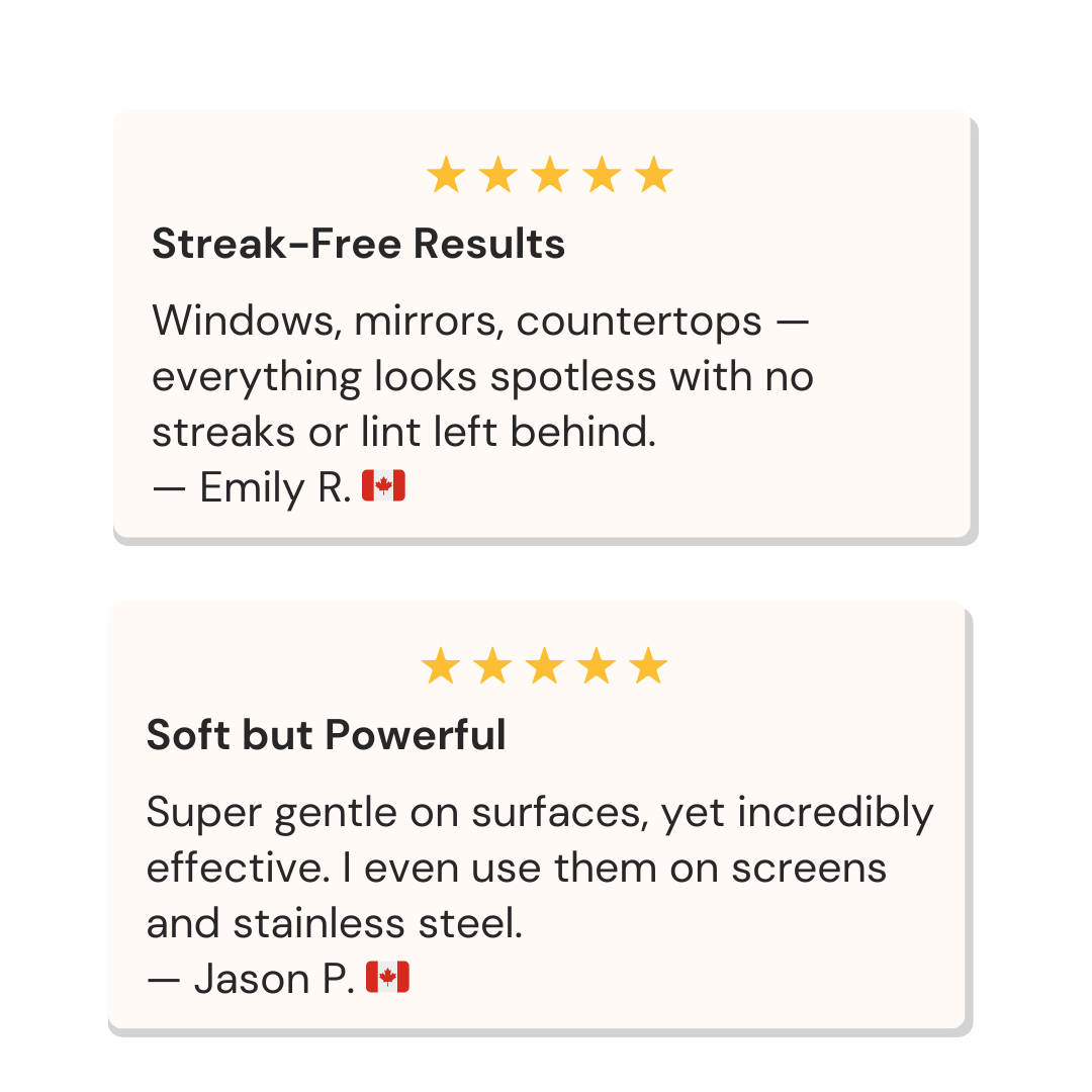 Two five-star customer reviews from Canadian customers praising a product for being streak-free and powerful.