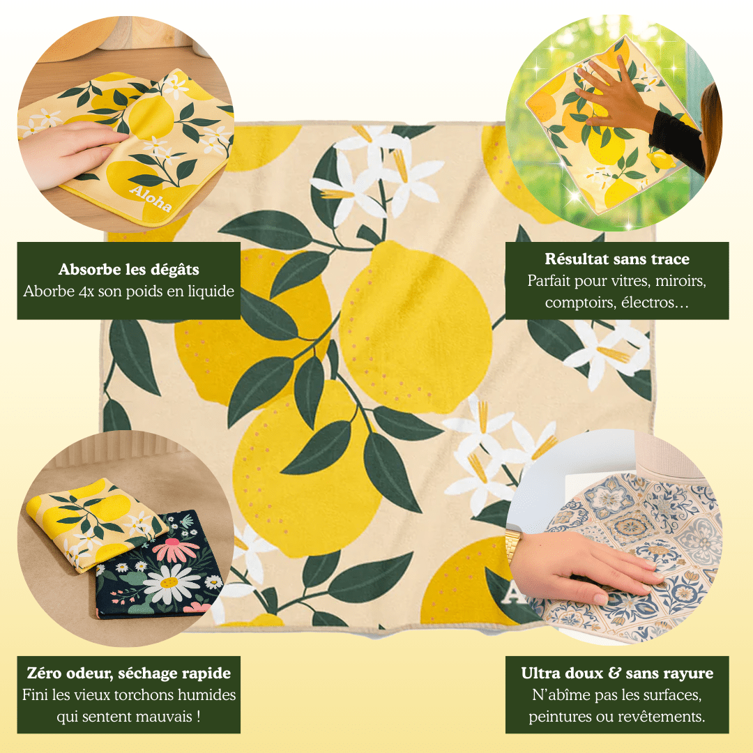 Cloth and cleaning demonstrations with lemon pattern and text descriptions in French.