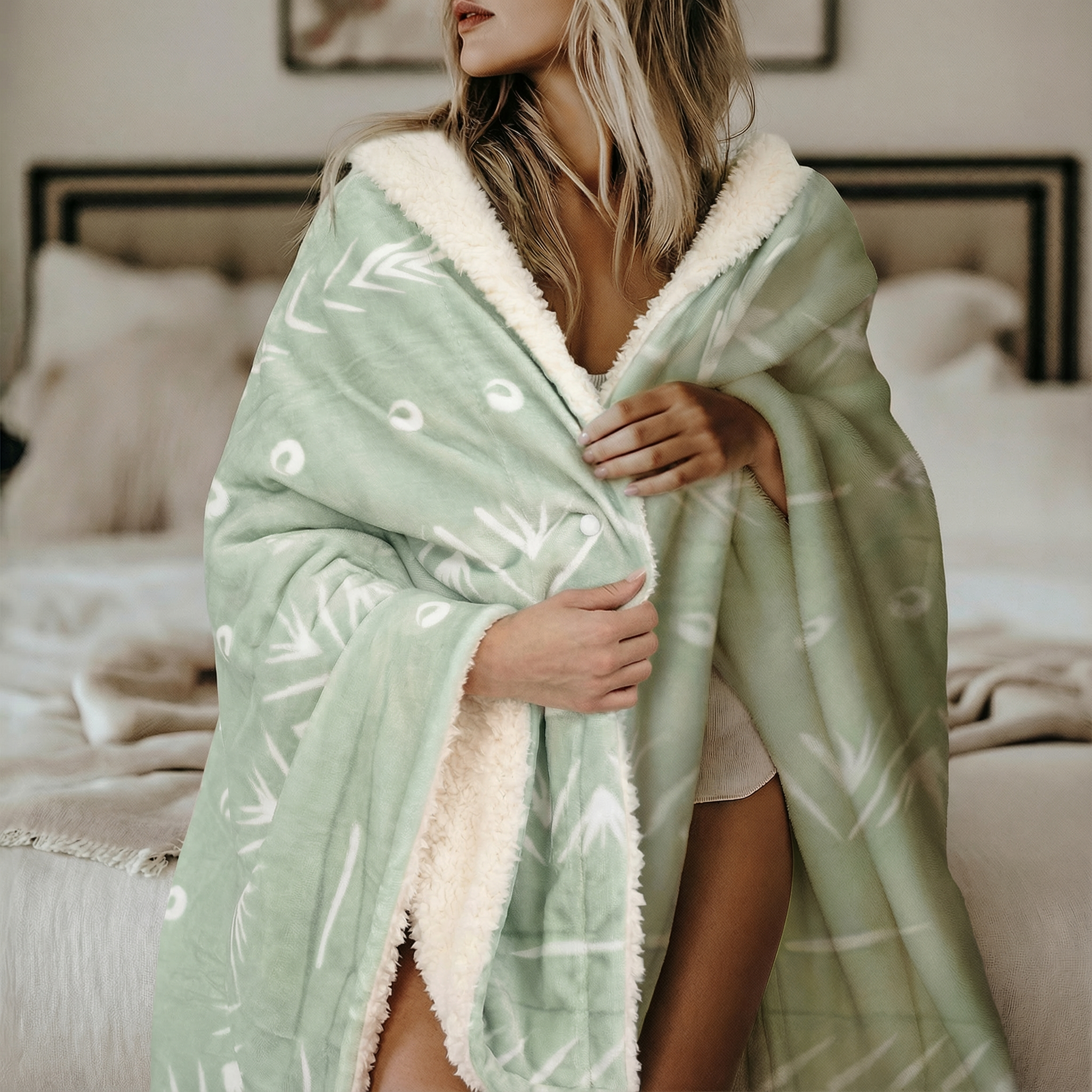 Person wrapped in a green patterned blanket in a bedroom.