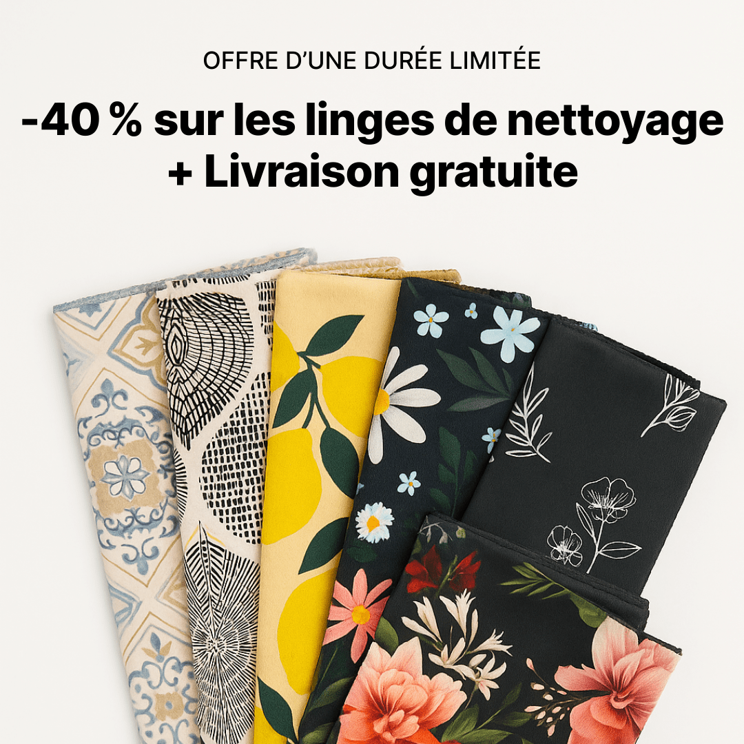 Assorted patterned cleaning cloths with a discount and free shipping offer.