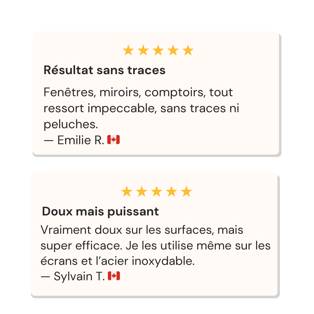 Two five-star customer reviews from Canadian customers praising a product for being streak-free and powerful.