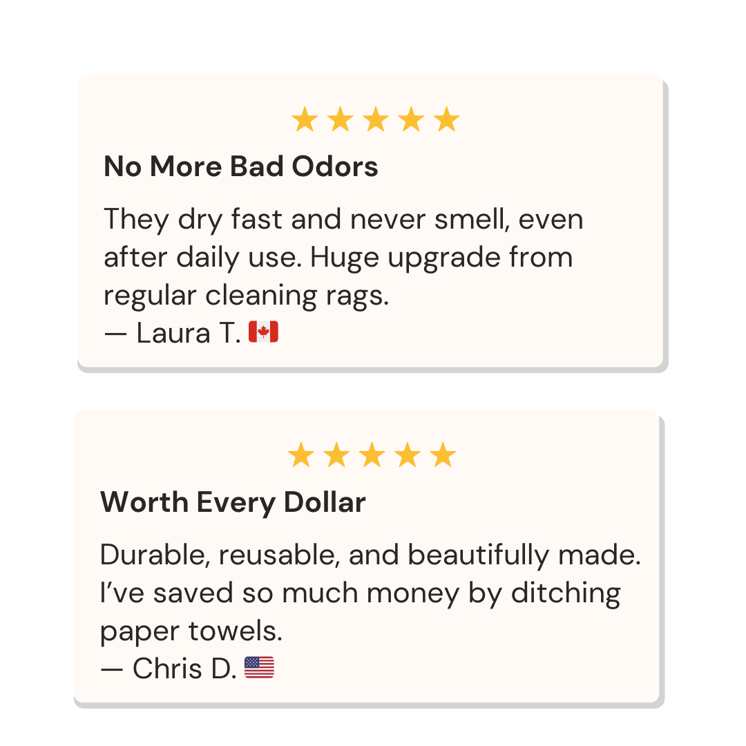Two customer testimonials with five-star ratings from users in Canada and the United States.