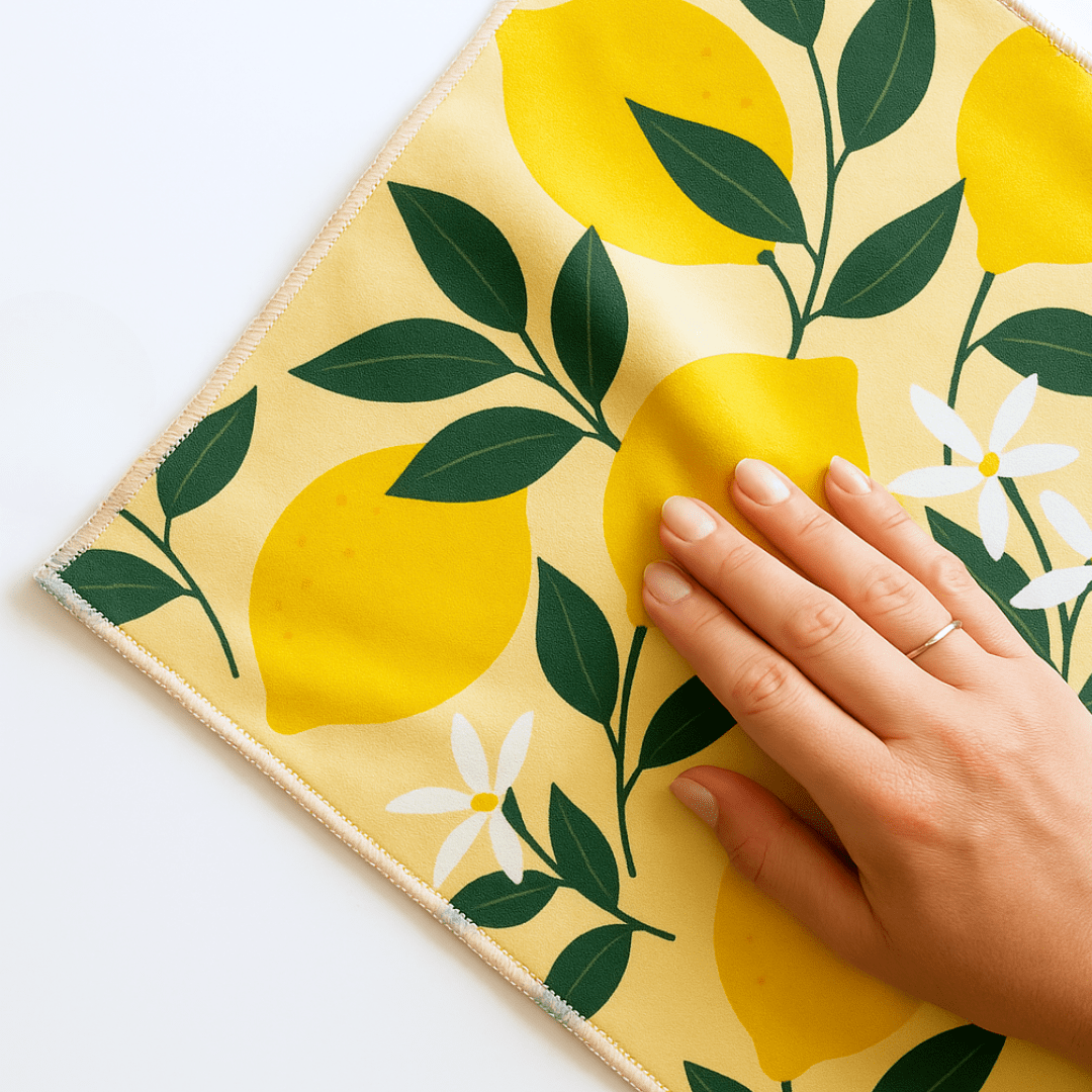 Hand resting on lemon-patterned fabric with green leaves and white flowers.