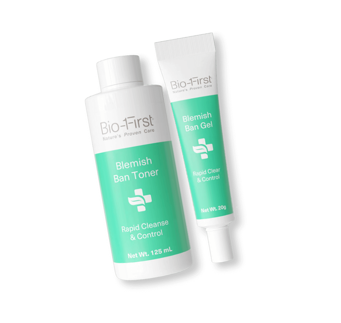BioFirst Blemish Ban Toner and Gel for rapid skin care.