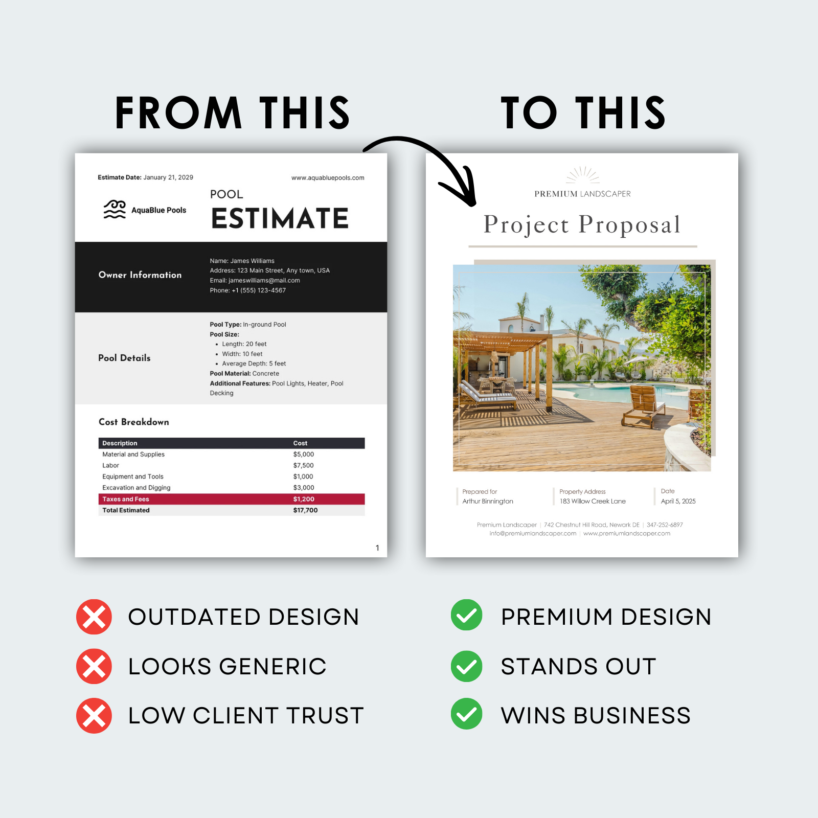 A before-and-after comparison of a basic pool estimate versus a professionally designed project proposal.