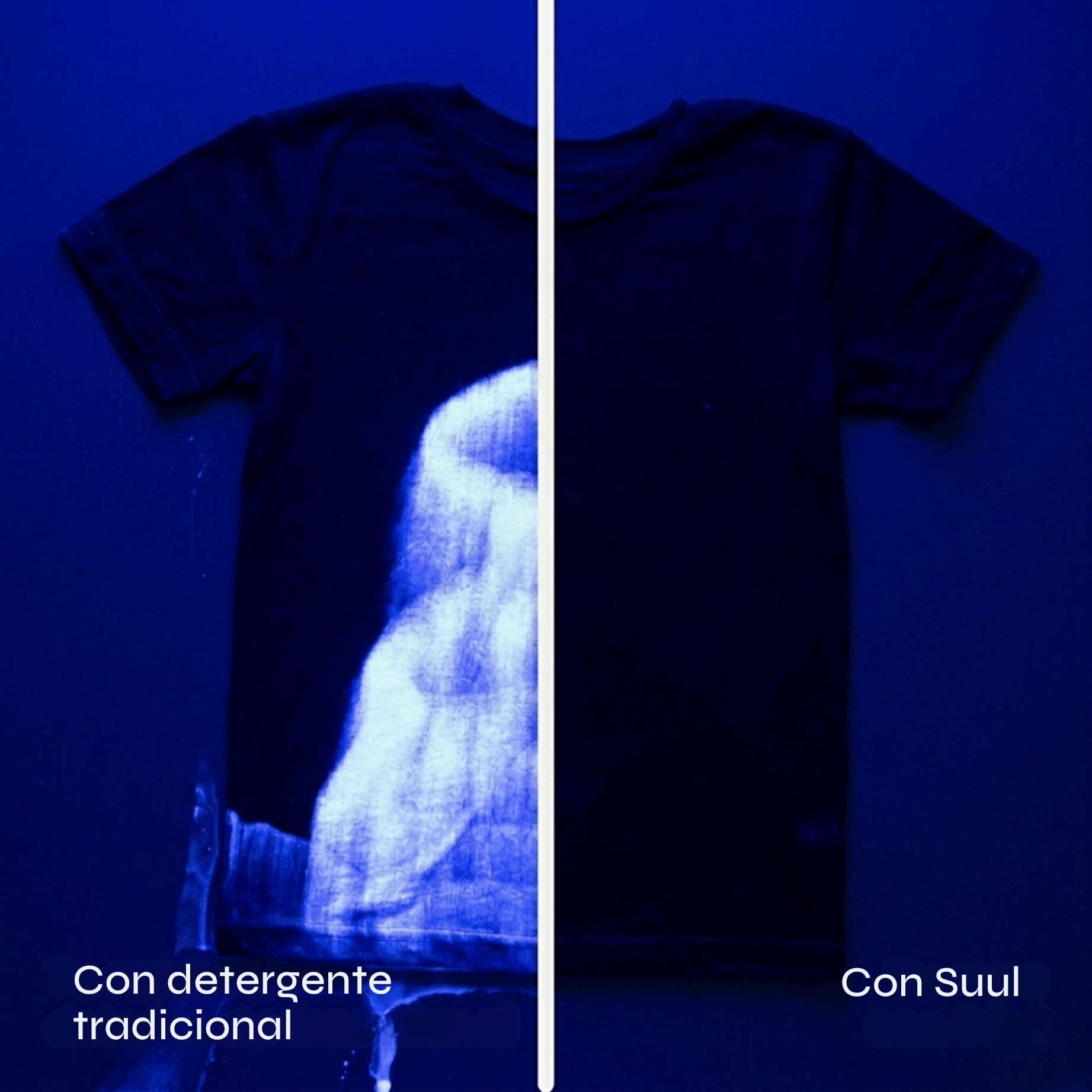 A split image shows a T-shirt under blue light, one side with glowing residue, the other clean.