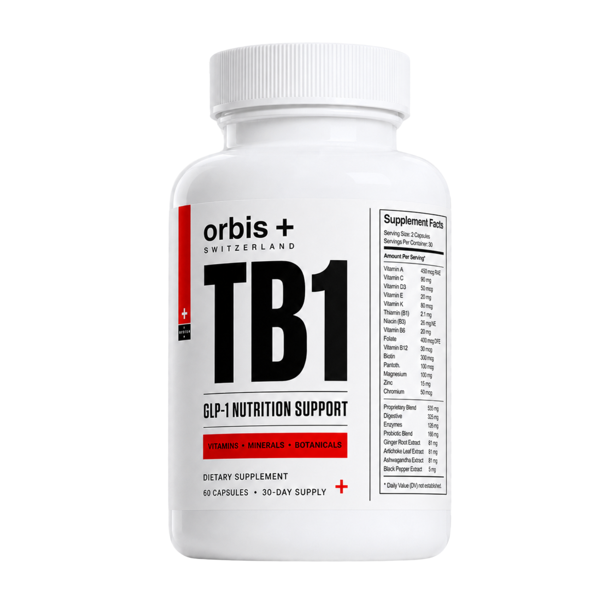 A white bottle of Orbis+ Switzerland TB1, a dietary supplement for GLP-1 nutrition support.