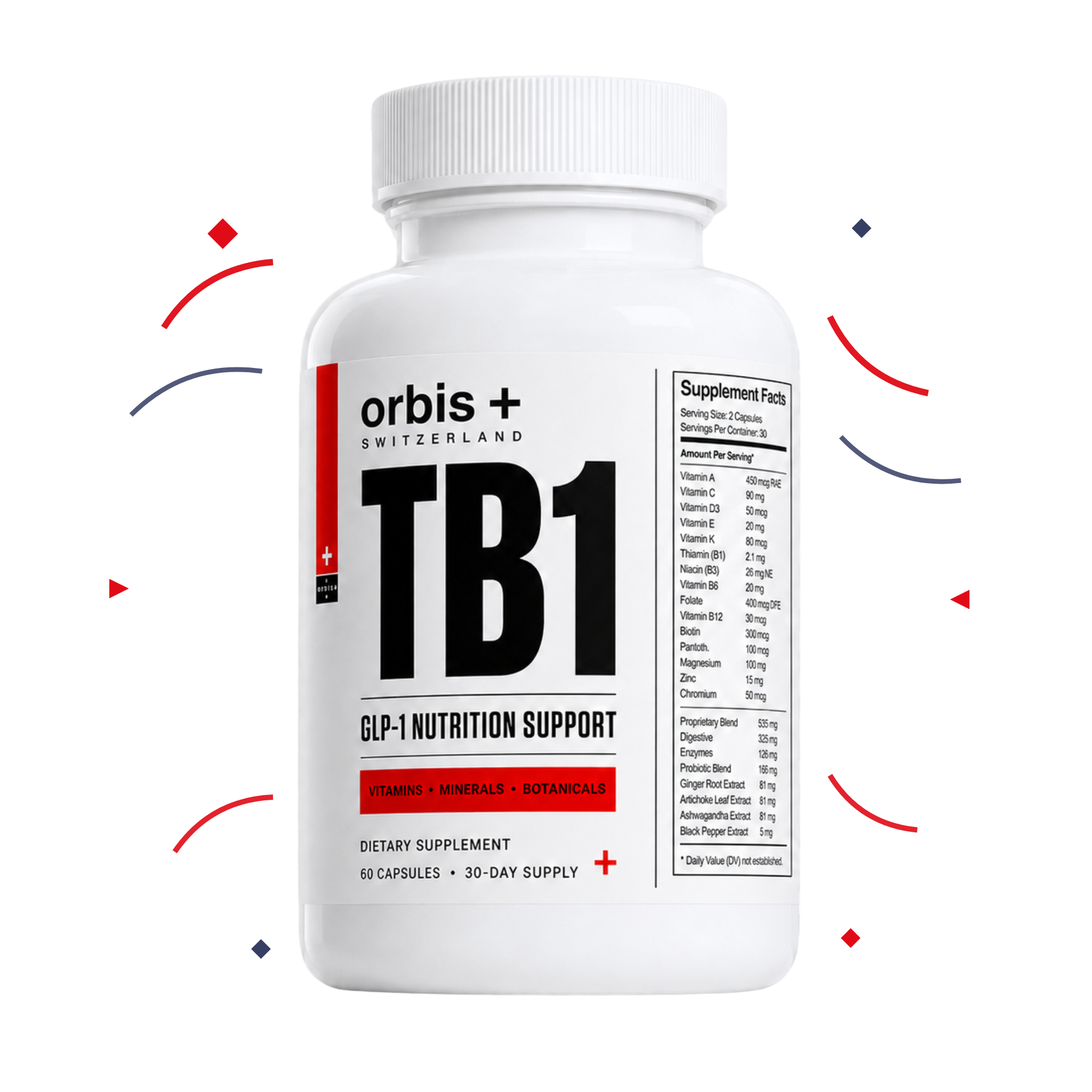 A white bottle of Orbis + Switzerland TB1 dietary supplement against a white background with decorative elements.