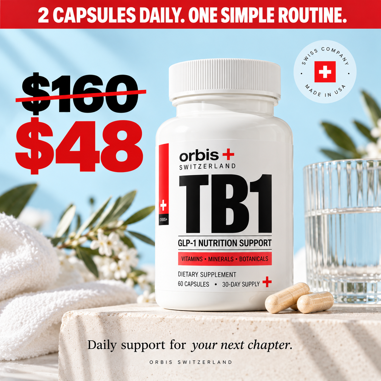 An advertisement for Orbis Switzerland TB1 dietary supplement, showing the bottle, capsules, and a promotional price.