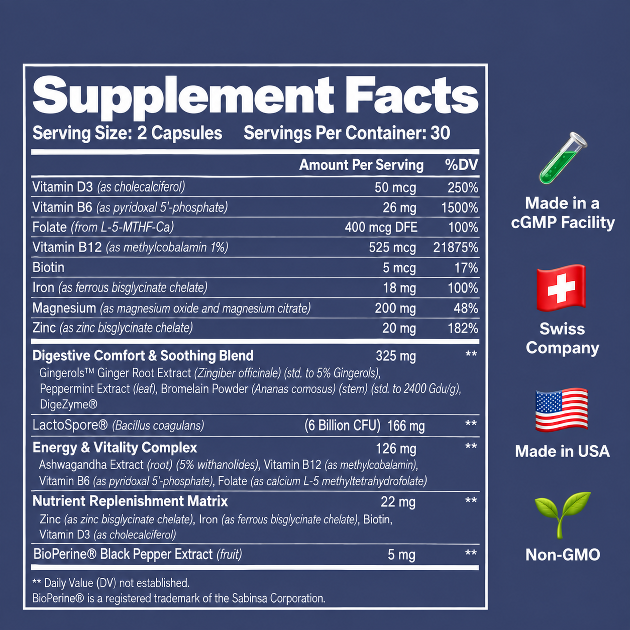 A supplement facts label detailing ingredients and nutritional information for a dietary supplement, with various quality and origin icons.