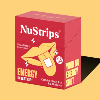 Red NuStrips energy supplement box on yellow background.
