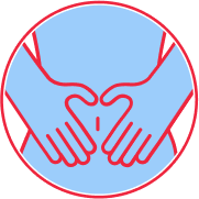 Two hands forming a heart shape on a blue background.