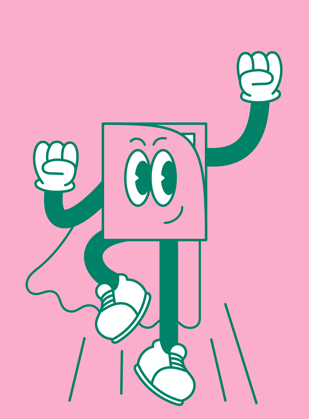 Cartoon character with a square head, cape, and sneakers on a pink background.