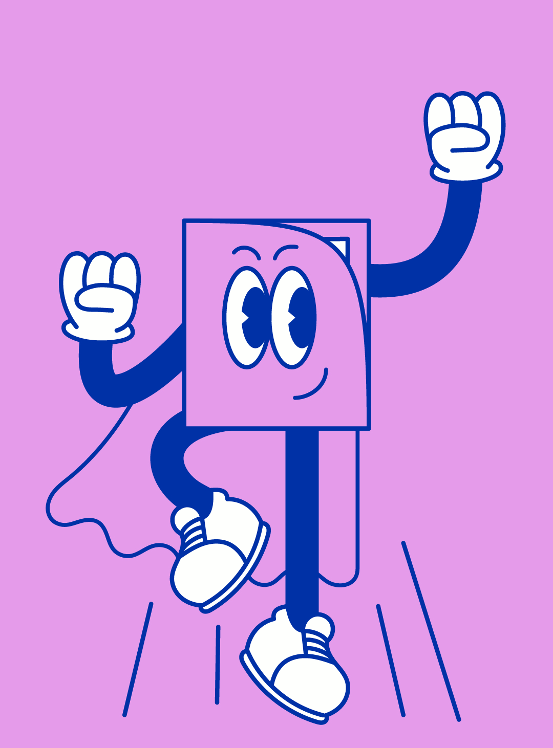 Cartoon character with a square head, cape, and sneakers on a pink background.