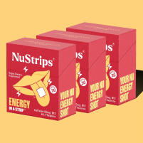Three red NuStrips energy product boxes on a yellow background.
