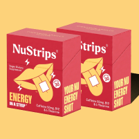 Two red boxes of NuStrips energy supplements on a yellow background.