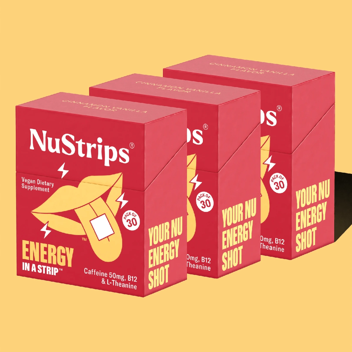 Three red energy supplement boxes labeled 'NuStrips' with yellow text on a yellow background.
