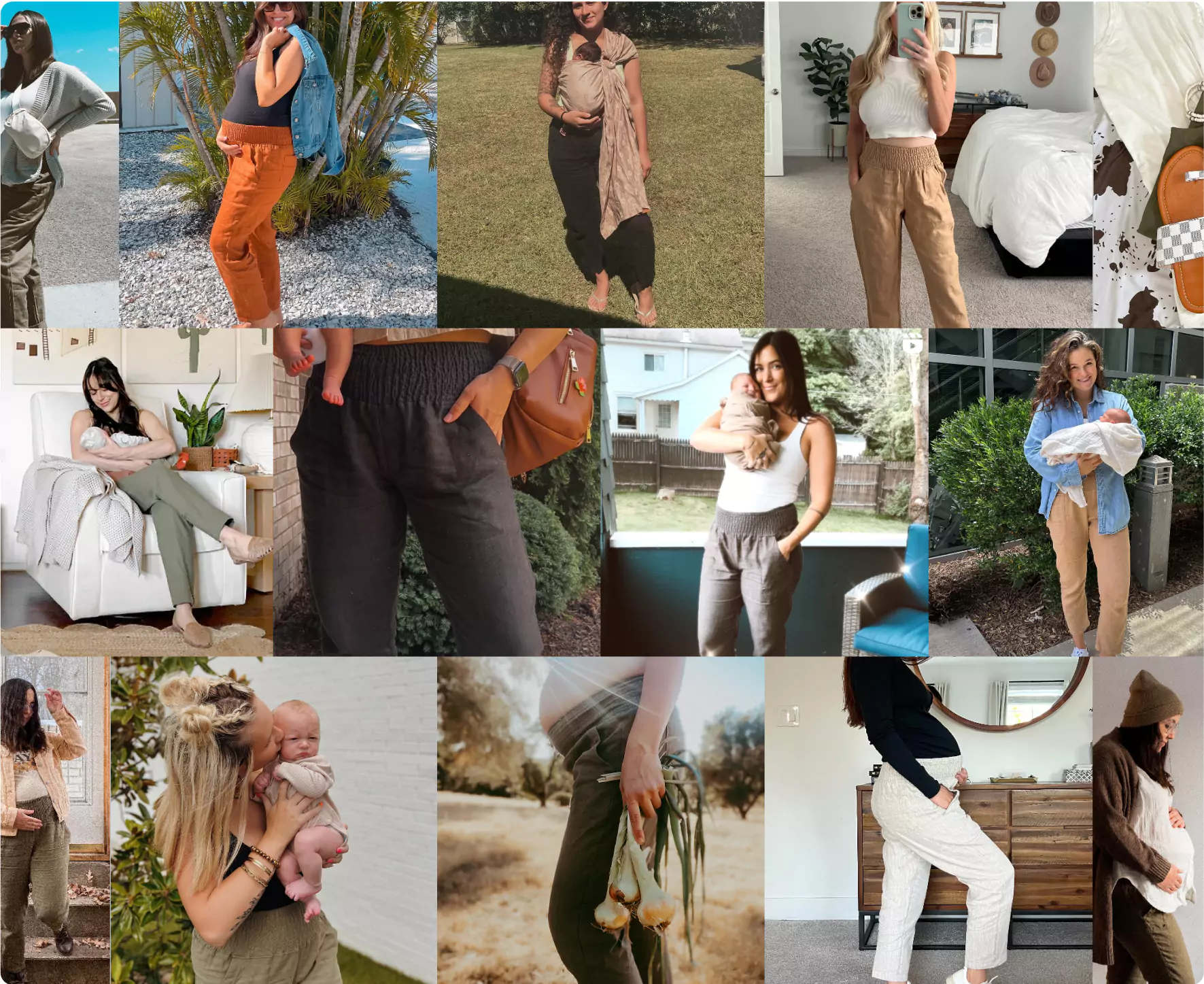 Collage of women wearing casual pants, some holding babies, in various indoor and outdoor settings.
