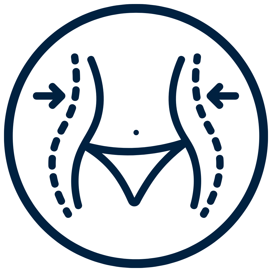 Outlined waist icon with arrows and dashed lines in a circular border.