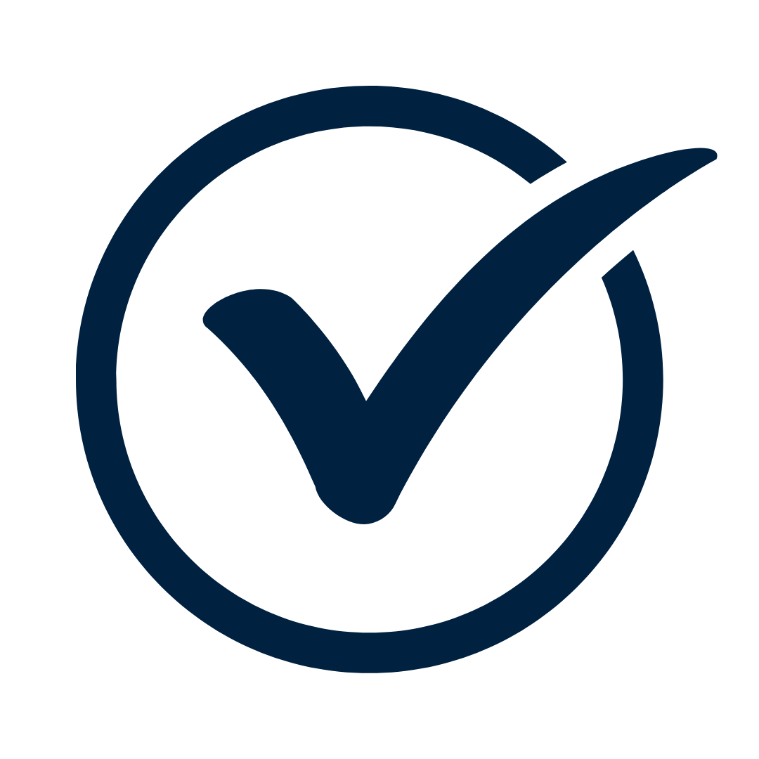 Dark blue check mark inside a circle on a light background.