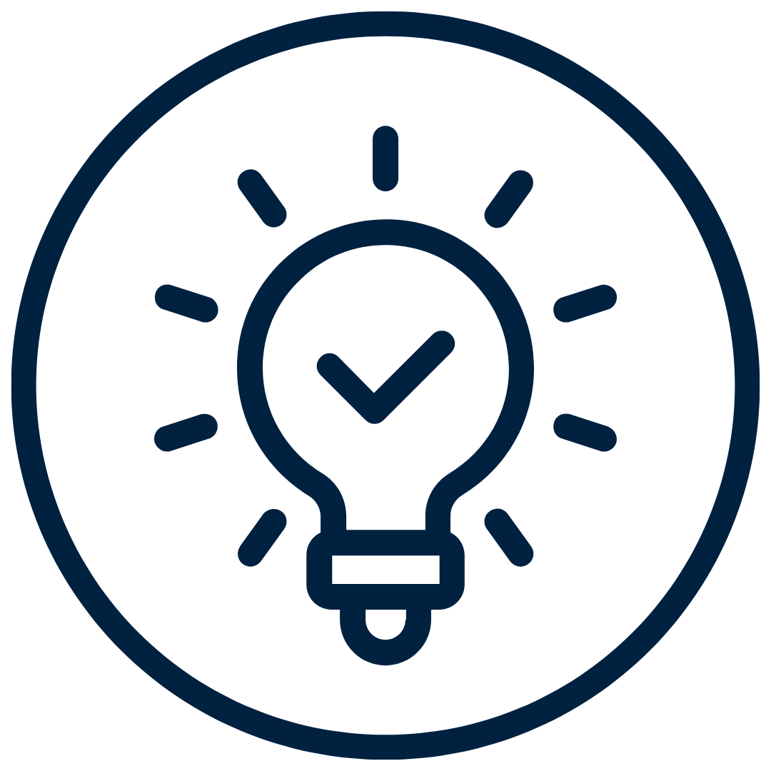 Outlined light bulb with rays and a check mark inside.