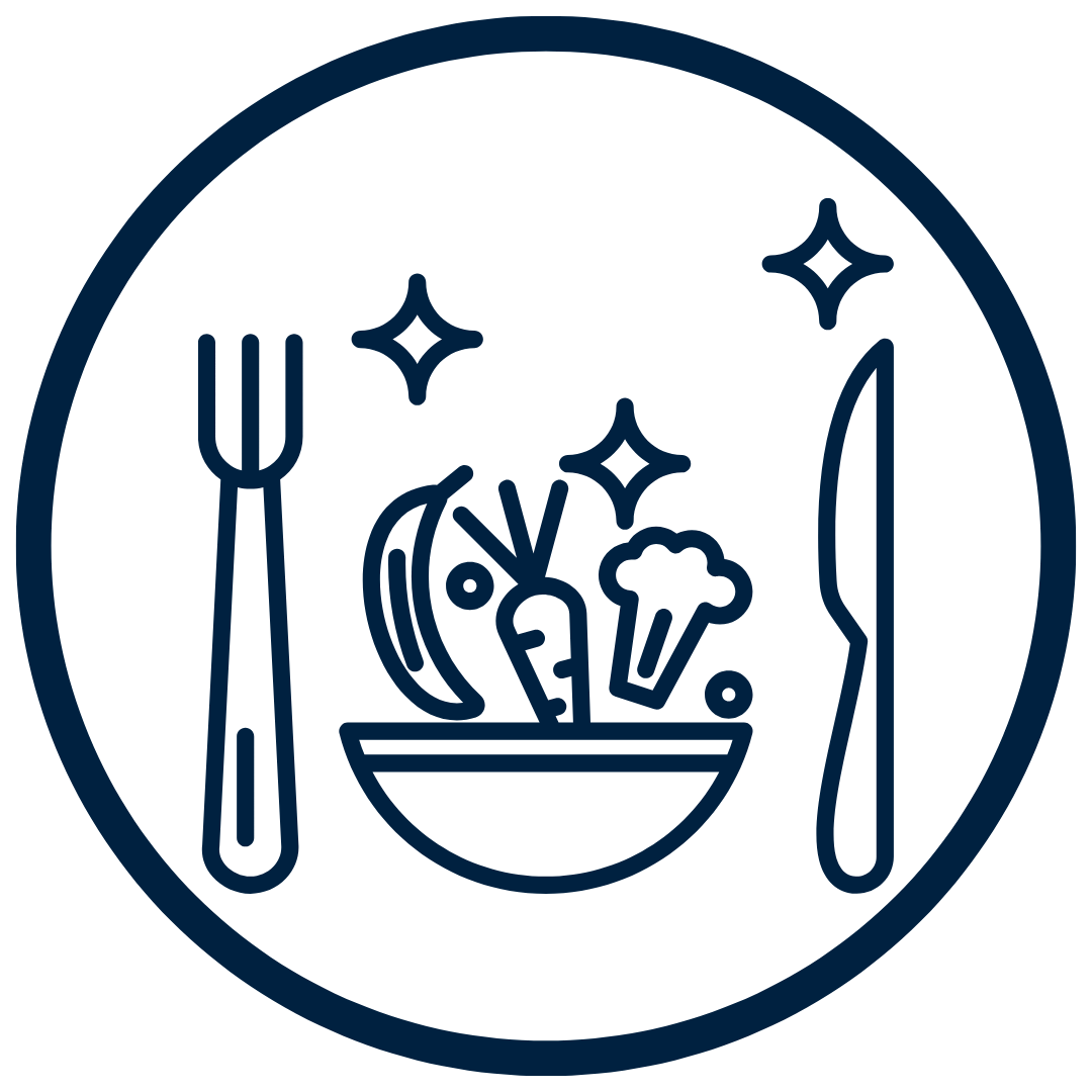 Line drawing of vegetables in a bowl with fork and knife.