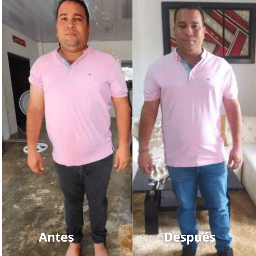 Two side-by-side images of a man in a pink shirt labeled 'Antes' and 'Después.'