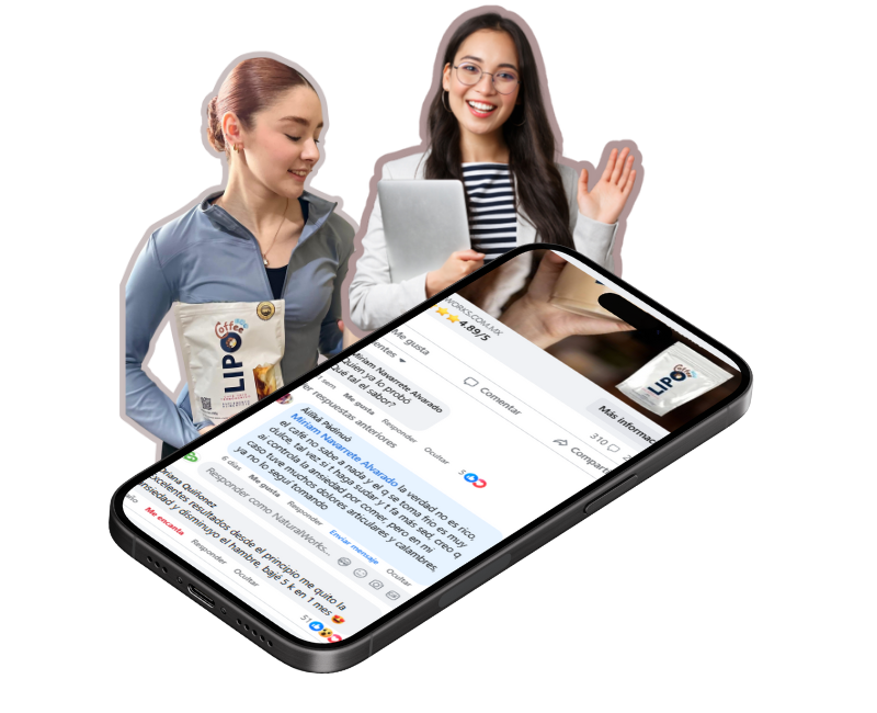 Two women, one with phone, next to a large smartphone showing a social media page.