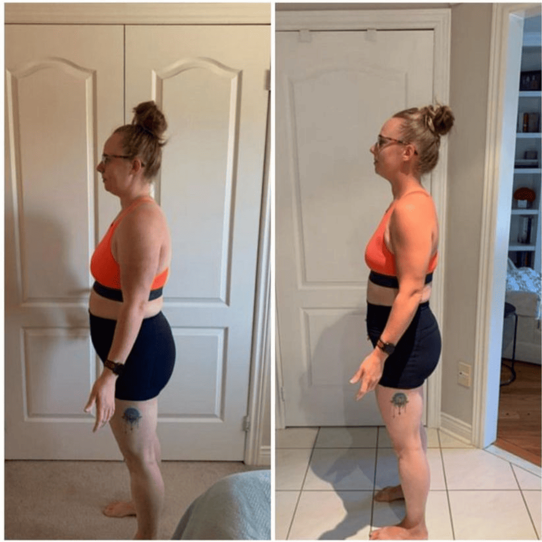 Side-by-side comparison of a person in exercise attire, standing in profile.