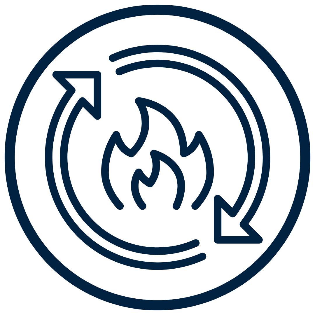 Circular arrows encircle a flame icon on a white background.