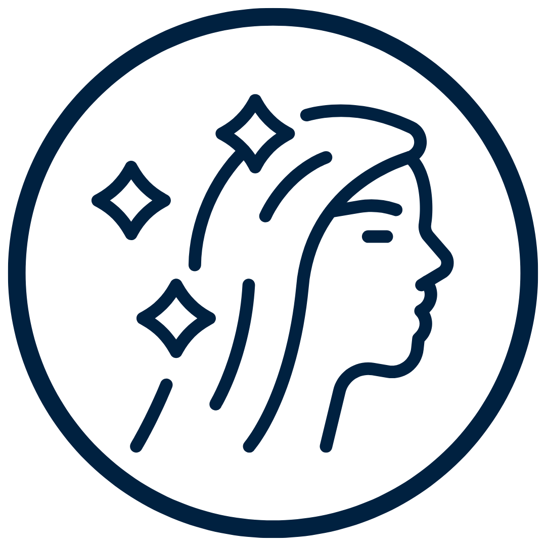 Outline of a face with flowing hair and sparkles in a circle.