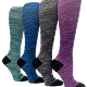 Four heathered, knee-high socks in assorted colors with black heels and toes.