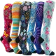 A row of six colorful knee-high socks with various patterns like flowers, stripes, and flamingos.