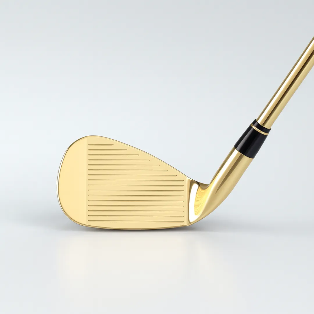 Gold golf club iron with horizontal grooves on a white background.