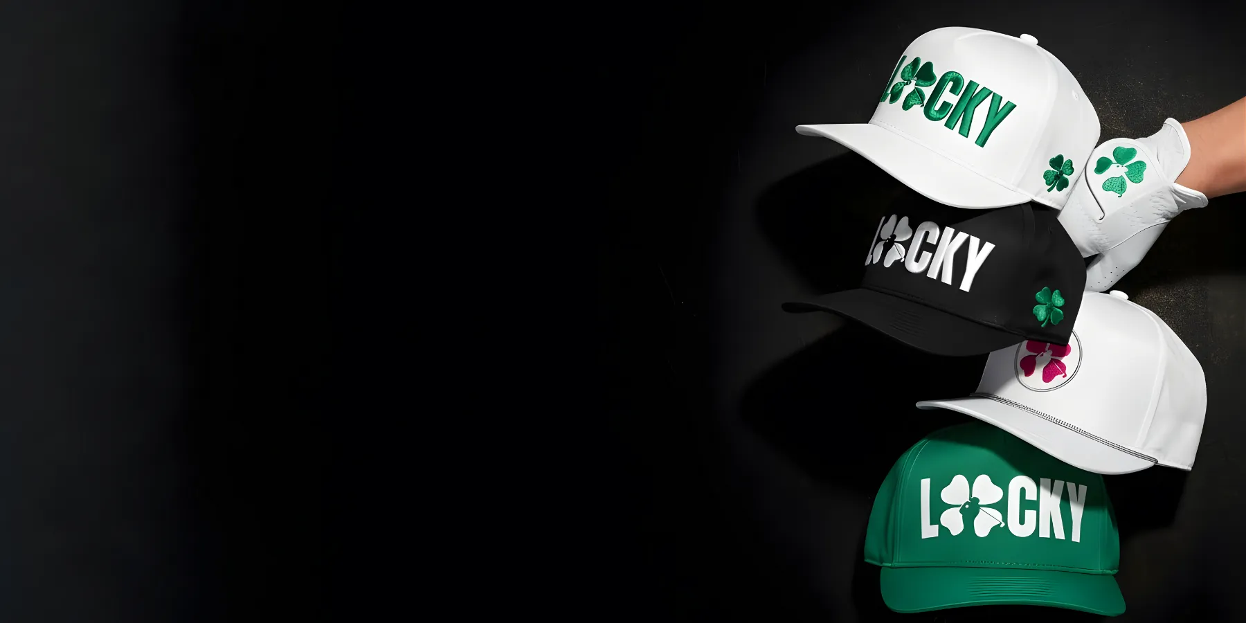 Four baseball caps with clover designs stacked together on a dark background.