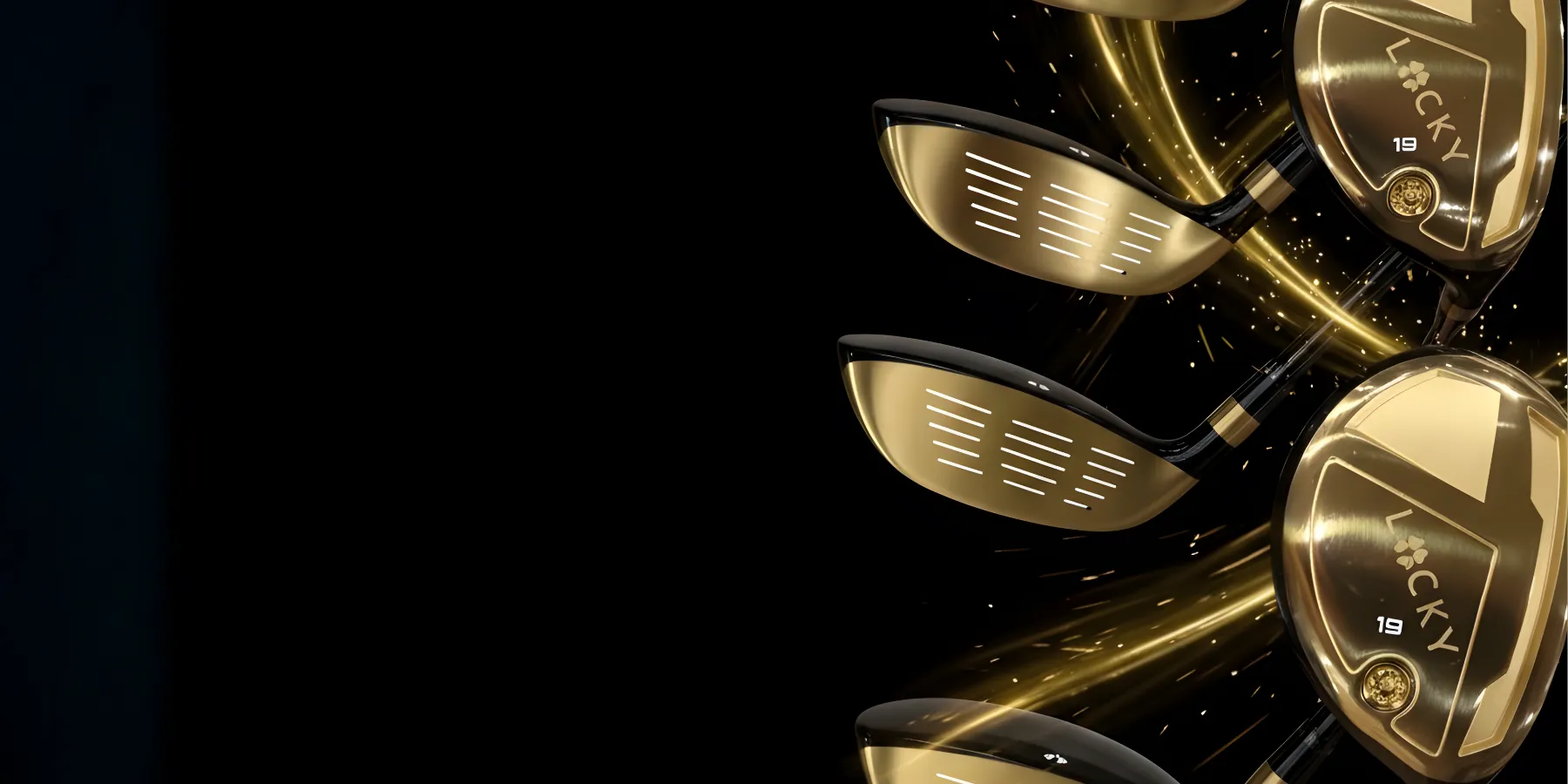Golden golf club heads with decorative lines on a black background.