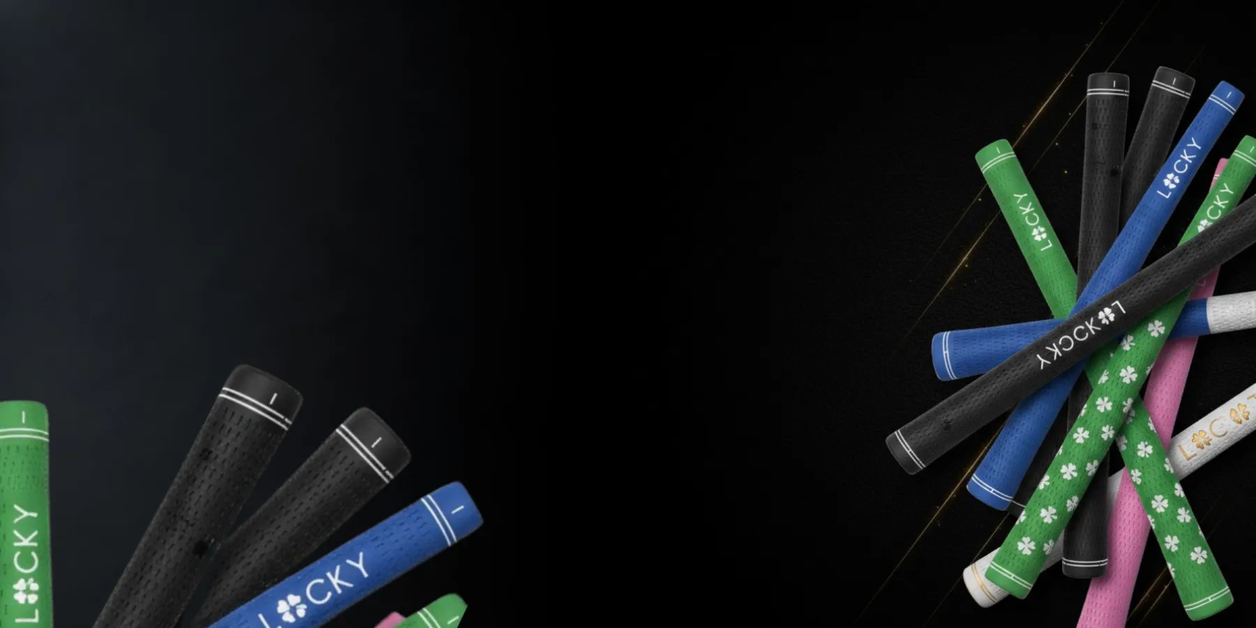 Colorful golf grips with 'Lucky' text on black background.