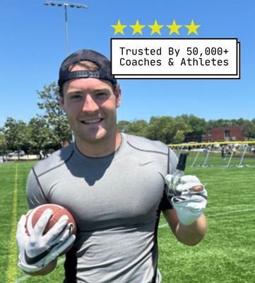 A smiling football player holds a football on a field with a graphic overlay that says 'Trusted By 50,000+ Coaches & Athletes'.