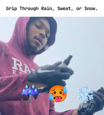A man in a hoodie and gloves holds a spray bottle with text reading 'Grip Through Rain, Sweat, or Snow'.